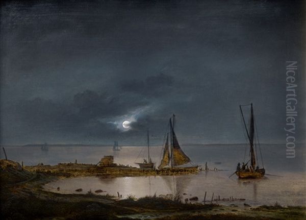 Mondscheinlandschaft An Kuste Mit Segelbooten - view 1