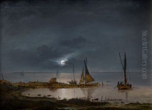Mondscheinlandschaft An Kuste Mit Segelbooten by Frederik Michael Fabritius de Tengnagel