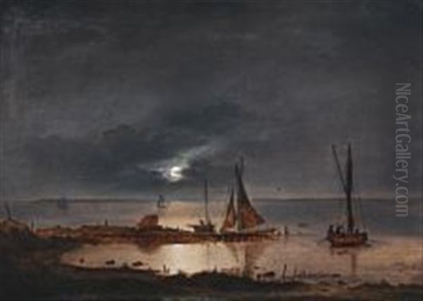 Coastal Scenery With Small Vessels In The Moonlight - view 1