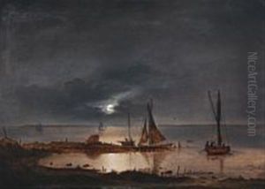 Coastal Scenery With Small Vessels In The Moonlight by Frederik Michael Fabritius de Tengnagel