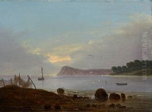 An Evening Coastal Scene. In The Foreground Fishing Net Hanging Out To Dry by Frederik Michael Fabritius de Tengnagel