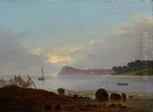 An Evening Coastal Scene. In The Foreground Fishing Nets Hanging Out To Dry by Frederik Michael Fabritius de Tengnagel