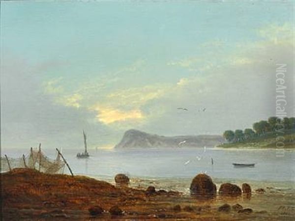 A Coastal Scene In The Evening. In The Foreground Fishing Net Hanging Out To Dry - view 1