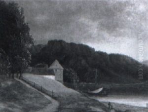 Norsk Landskab Med Huse Og Figurer Norsk Landskab Med Huse Og Figurer