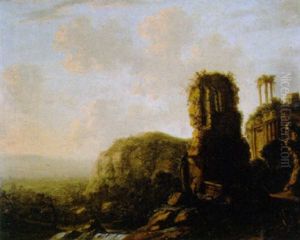 Travellers By Classical Ruins In An Italianate Landscape by Carl Ferdinand Fabritius