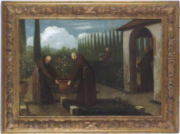 Monche Bei Der Arbeit Im Klostergarten - view 1