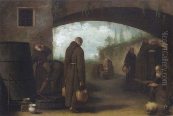 Arbeitende Monche Im Klosterhof - view 1