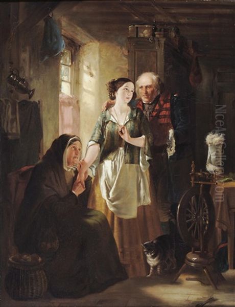 Cottage Interior With Figures Beside A Sunlit Window, A Cat And Spinning Wheel In The Foreground - view 1