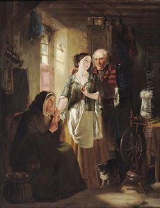 Cottage Interior With Figures Beside A Sunlit Window, A Cat And Spinning Wheel In The Foreground by Thomas Faed