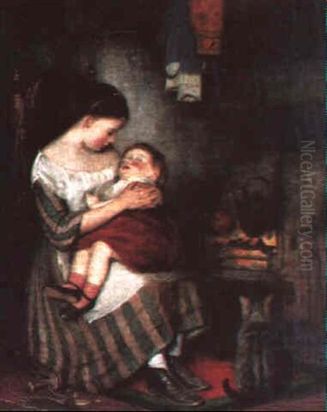 Mother And Sleeping Child By A Fireplace With Seated Cat - view 1