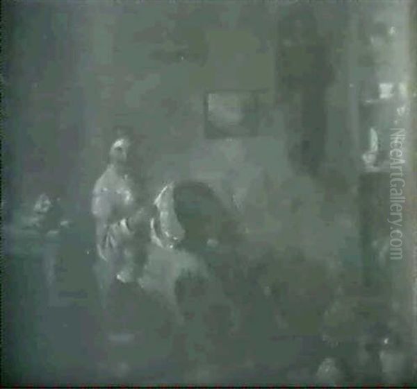Cottage Interior With Mother, Young Boy And Pet Terrier - view 1