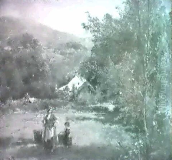 A Mother And Child Gathering Berries - view 1