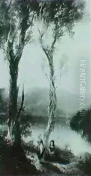 Two Young Girls By A Lake In A Mountainous Landscape - view 1