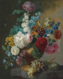 Roses, Daffodils, Morning Glory, A Parrot Tulip And Other Flowers In A Bronze Urn On A Marble Ledge, With A Butterfly, Ants, Grapes And A Bird's Nest by Pieter Faes
