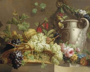 Red And White Grapes, A Melon, Red Currants And Peaches In A Wicker Basket With A Stone Vase Surrounded By A Floral Garland, All On A Stone Ledge by Pieter Faes