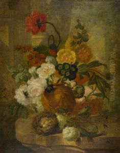Blumenstraus Mit Rosen, Aurikeln, Schneeball Und Einem Vogelnest Auf Einer Steinernen Brustung
