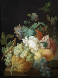 Roses, Carnations, Grapes And Peaches With A Butterfly On A Table-top