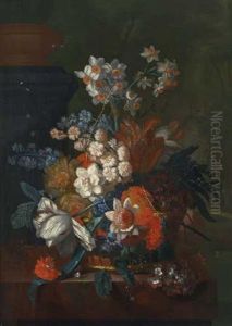 Stillleben Mit Tulpen, Narzissen Und Weiteren Bluten In Einem Korb Auf Einer Marmorbrustung by Pieter Faes
