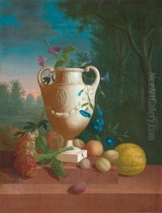 Eine Vase Und Fruchte Auf Einer Steinbrustung Vor Einer Landschaft