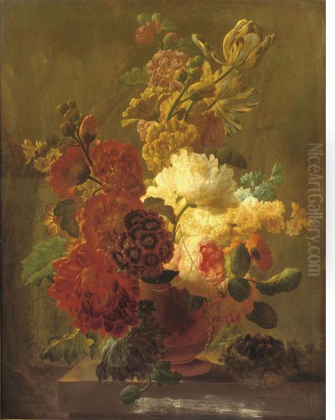 Roses, Tulips, Violets And Other Flowers In An Urn On A Stone Ledge With A Bird's Nest - view 1