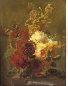 Roses, Tulips, Violets And Other Flowers In An Urn On A Stone Ledge With A Bird's Nest by Pieter Faes
