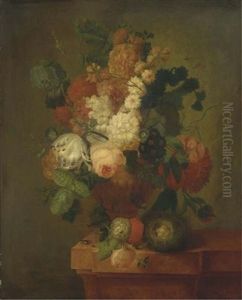 Bouquet De Fleurs Dans Un Vase Pose Sur Un Entablement Avec Un Nid D'oiseaux by Pieter Faes
