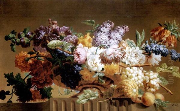 Peonies, Hydrangea, Daffodils And Grapes With Other Flowers In An Urn On A Ledge With A Melon And Peaches - view 1