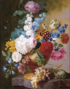 Still Life Of Tulips, Roses, Peonies, Narcissus And Other Flowers In An Urn