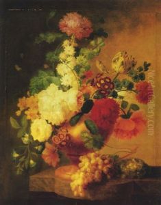 Tulips, Roses, Peonies, Narcissus, And Other Flowers With A Butterfly In An Urn, With Grapes On The Vine And A Bird's Nest With Eggs And Ants
