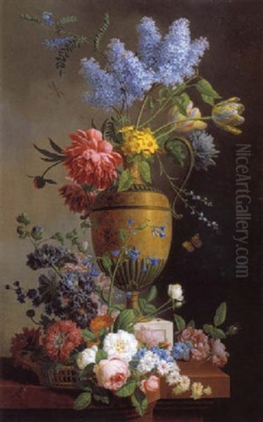 Nature Morte Au Bouquet De Lilas, Pivoines Et Tulipes Et A La Corbeille De Fleurs Sur Un Entablement - view 1