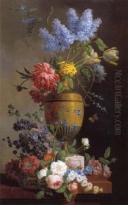 Nature Morte Au Bouquet De Lilas, Pivoines Et Tulipes Et A La Corbeille De Fleurs Sur Un Entablement