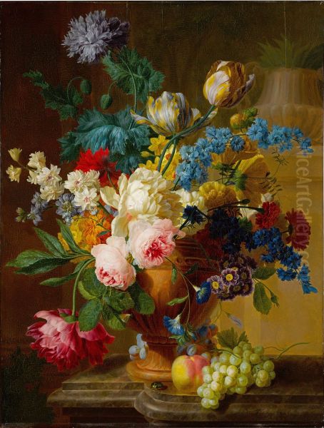Still Life Of Roses, Peonies, Tulips, Narcissus, And Other Flowers In A Terracotta Vase, With Grapes And A Peach - view 1