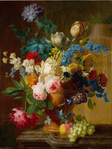 Still Life Of Roses, Peonies, Tulips, Narcissus, And Other Flowers In A Terracotta Vase, With Grapes And A Peach by Pieter Faes