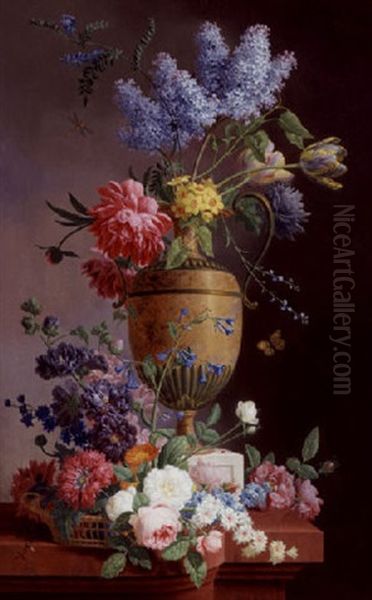 Still Life Of Lilacs, Roses, Tulips And Other Flowers In A Tall Urn Resting On A Ledge With A Basket Overflowing With Flowers - view 1
