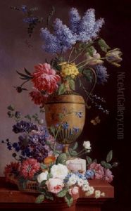 Still Life Of Lilacs, Roses, Tulips And Other Flowers In A Tall Urn Resting On A Ledge With A Basket Overflowing With Flowers by Pieter Faes
