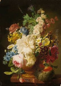A Still Life Of Mixed Flowers Including Roses, Poppies And Narcissi In A Stone Vase, All Upon A Ledge With A Ladybird And A Moth