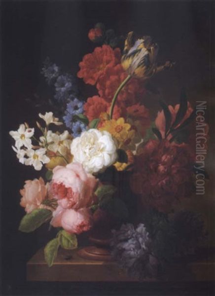 Still Life Of Flowers In A Marble Urn And A Fly On A Stone Ledge - view 1