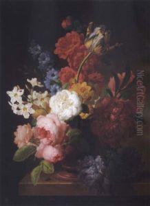 Still Life Of Flowers In A Marble Urn And A Fly On A Stone Ledge
