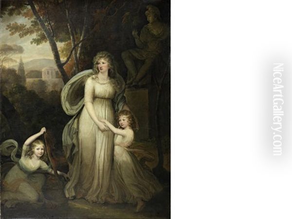 Portrait Of A Lady, With Two Children, Possibly Members Of The Lichtenau Family, Full-length, In A Classical Landscape - view 1