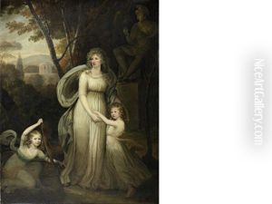 Portrait Of A Lady, With Two Children, Possibly Members Of The Lichtenau Family, Full-length, In A Classical Landscape by Robert Fagan