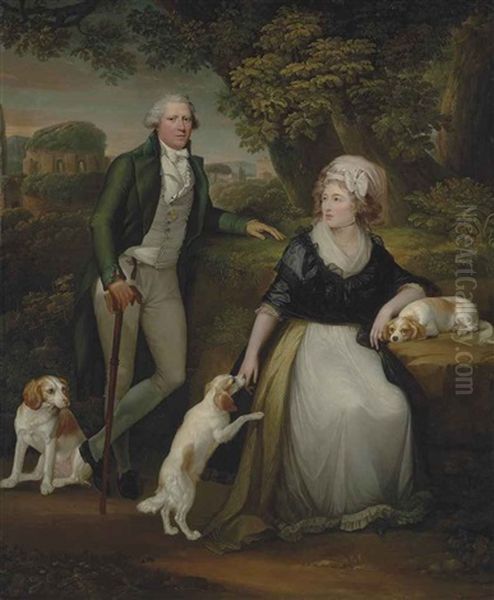 Double Portrait Of Sir Andrew Corbet Corbet, Bt., Of Stoke On Trent (1752-1823), And His Wife Hestor, Full-length, With Their Spaniels Bow - view 1