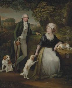 Double Portrait Of Sir Andrew Corbet Corbet, Bt., Of Stoke On Trent (1752-1823), And His Wife Hestor, Full-length, With Their Spaniels Bow by Robert Fagan