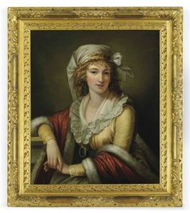 Portrait Of The Artist's Wife Anna Maria Aloisna Rosa Ferri, Daughter Of Pietro Ferri In A Yellow Dress With A Red Fur-lined Cloak, With A White Headress...