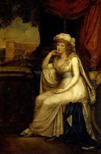 Portrait Of Lady Clifford, Seated In A White Dress With Blue Sash On A Klismos Chair On A Loggia Overlooking The Colloseum