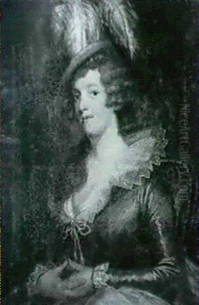 Portrait Of A Lady, Seated Half Length Wearing A Yellow Dress, With White Ruff And A Green Hat With A White Plume - view 1