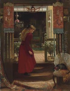 A Girl Playing With A Cat In An Interior by Edward Henry Fahey