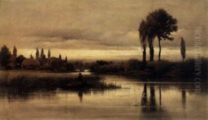 A Tranquil River Scene With Figures Fishing From A Rowboat In The Foreground