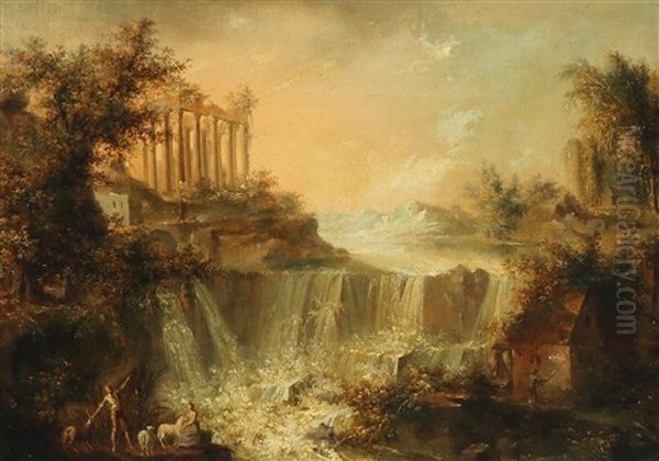 A Romantic Landscape With A Waterfall And Ruins by Carl Johan Fahlcrantz