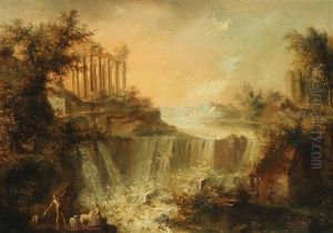 A Romantic Landscape With A Waterfall And Ruins