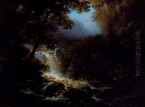 Bjerglandskab Med To Jaegere Og Deres Hunde Ved Et Brusende Vandfald by Carl Johan Fahlcrantz